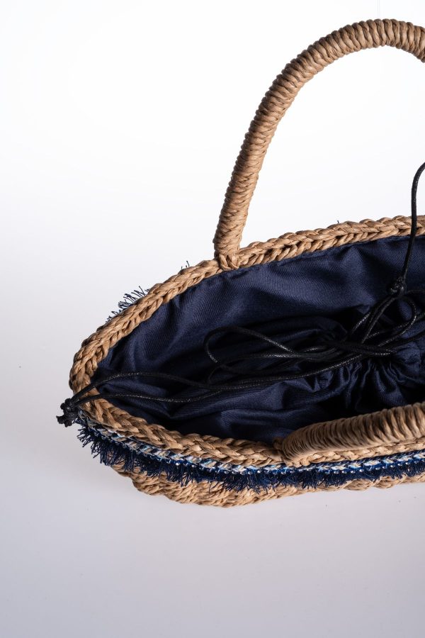Büzgü Astarlı Lacivert Aksesuarlı Hasır Çanta