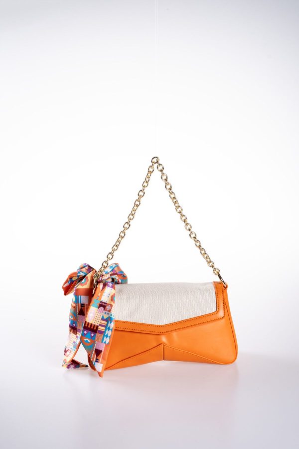 Fular Hediyeli Kanvas Detaylı Turuncu Vegan Deri Ayarlanabilir El ve Omuz Çantası