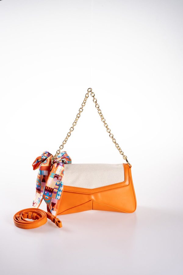 Fular Hediyeli Kanvas Detaylı Turuncu Vegan Deri Ayarlanabilir El ve Omuz Çantası