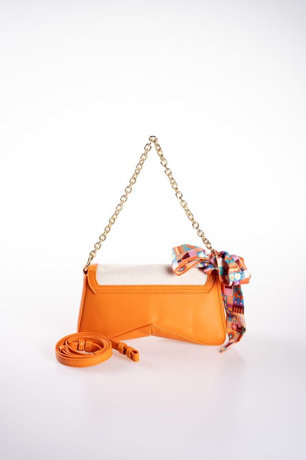 Fular Hediyeli Kanvas Detaylı Turuncu Vegan Deri Ayarlanabilir El ve Omuz Çantası