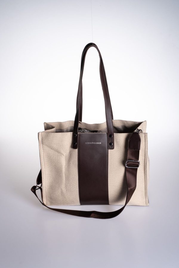 Tote Astarlı Krem Kanvas Acı Kahve Askılı Çıt Çıt Kapama Ayarlanabilir El ve Omuz Çantası