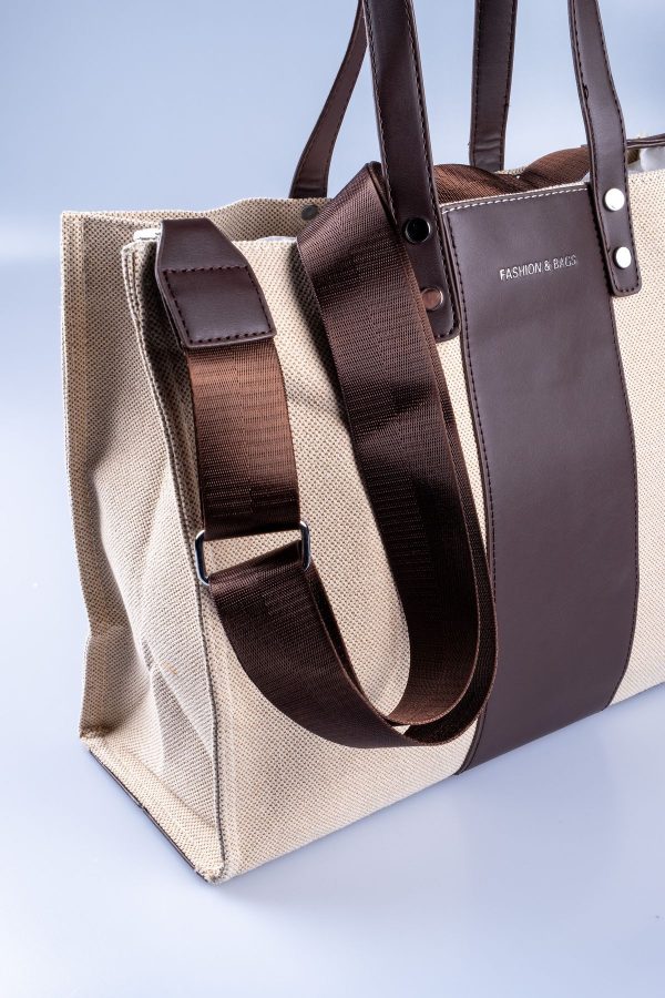 Tote Astarlı Krem Kanvas Acı Kahve Askılı Çıt Çıt Kapama Ayarlanabilir El ve Omuz Çantası