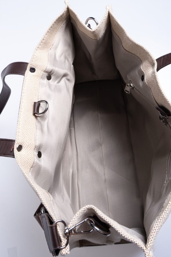 Tote Astarlı Krem Kanvas Acı Kahve Askılı Çıt Çıt Kapama Ayarlanabilir El ve Omuz Çantası