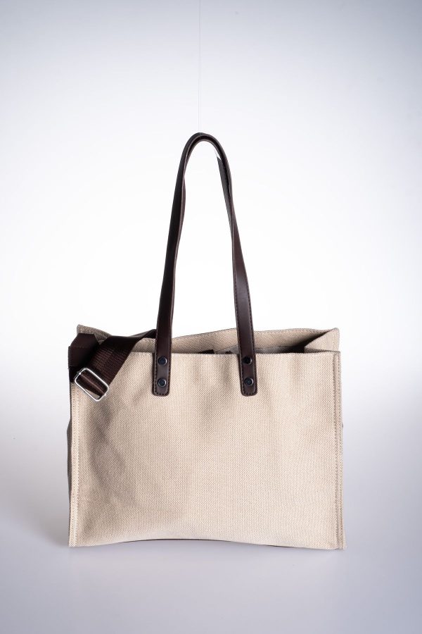 Tote Astarlı Krem Kanvas Acı Kahve Askılı Çıt Çıt Kapama Ayarlanabilir El ve Omuz Çantası
