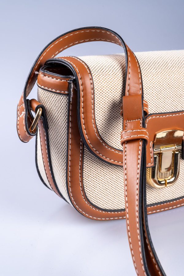 Kanvas Krem Taba Detaylı Kapaklı Ayarlanabilir El ve Omuz Çantası