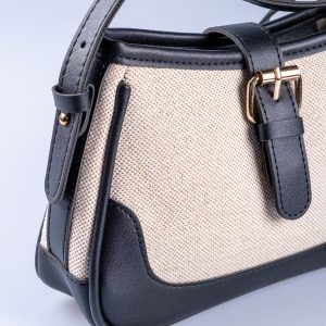 Pastel Yeşil Vegan Deri Detaylı Krem Kanvas Ayarlanabilir El ve Omuz Çantası