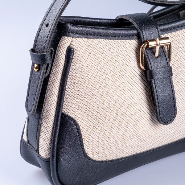 Siyah Vegan Deri Detaylı Kanvas Ayarlanabilir El ve Omuz Çantası