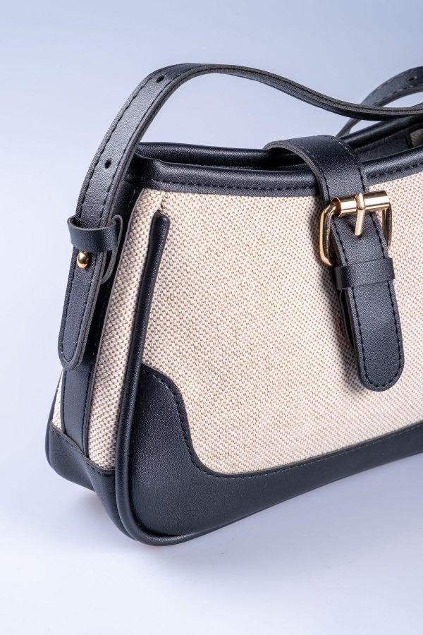 Siyah Vegan Deri Detaylı Kanvas Ayarlanabilir El ve Omuz Çantası