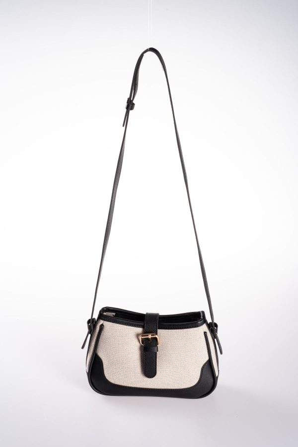 Siyah Vegan Deri Detaylı Kanvas Ayarlanabilir El ve Omuz Çantası