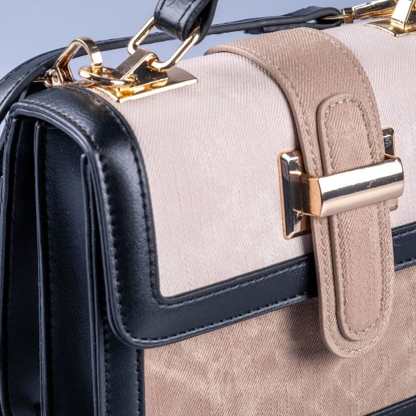 Siyah Vegan Deri Vizon ve Bej Kumaş Detaylı El ve Omuz Çantası