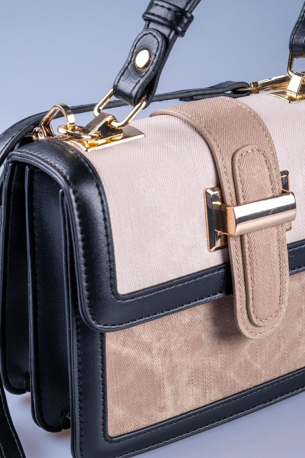 Siyah Vegan Deri Vizon ve Bej Kumaş Detaylı El ve Omuz Çantası