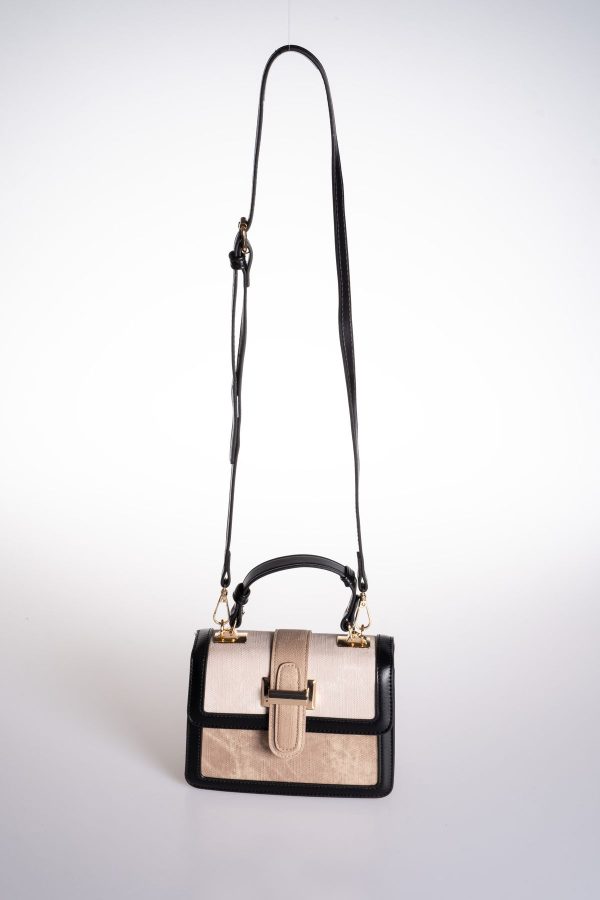 Siyah Vegan Deri Vizon ve Bej Kumaş Detaylı El ve Omuz Çantası