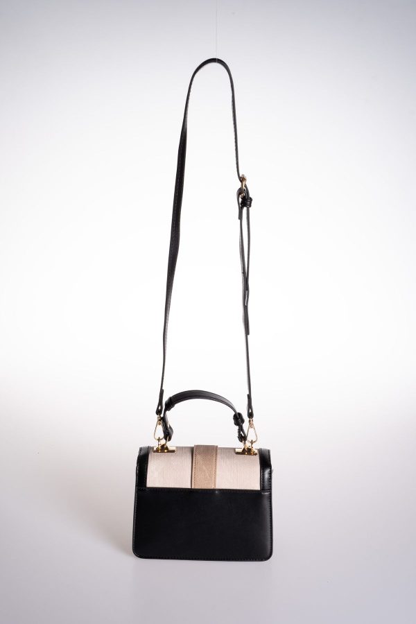 Siyah Vegan Deri Vizon ve Bej Kumaş Detaylı El ve Omuz Çantası