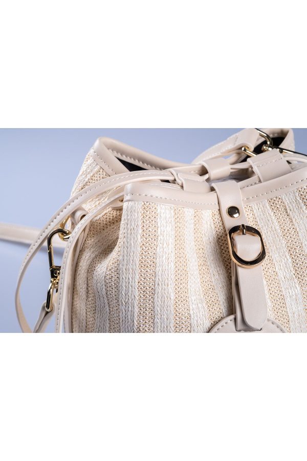 Büzgülü Bej & Krem Çizgili Ayarlanabilir El ve Omuz Çantası