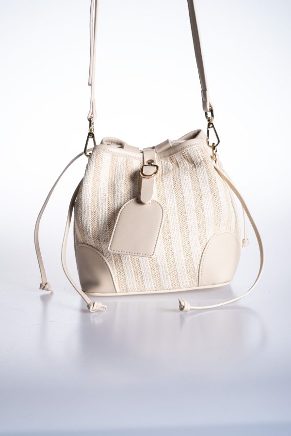 Büzgülü Bej & Krem Çizgili Ayarlanabilir El ve Omuz Çantası