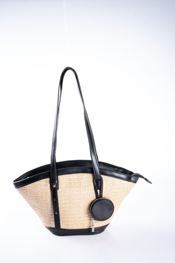 Mini Cüzdan Hediyeli Siyah Biye Detaylı Hasır Plaj Çantası