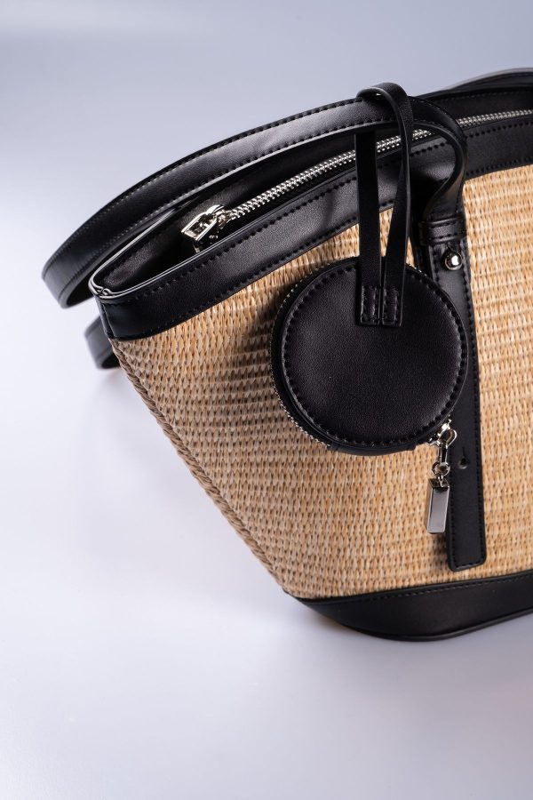 Mini Cüzdan Hediyeli Siyah Biye Detaylı Hasır Plaj Çantası