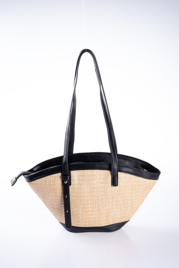 Mini Cüzdan Hediyeli Siyah Biye Detaylı Hasır Plaj Çantası