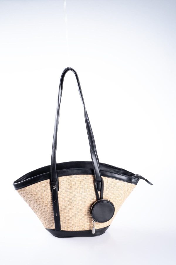 Mini Cüzdan Hediyeli Siyah Biye Detaylı Hasır Plaj Çantası