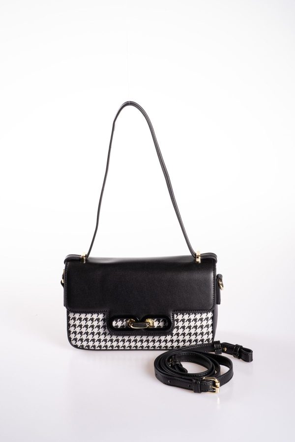 Siyah Vegan Deri Kazayağı Desenli El ve Omuz Çantası