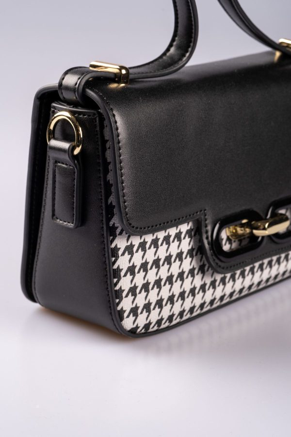 Siyah Vegan Deri Kazayağı Desenli El ve Omuz Çantası