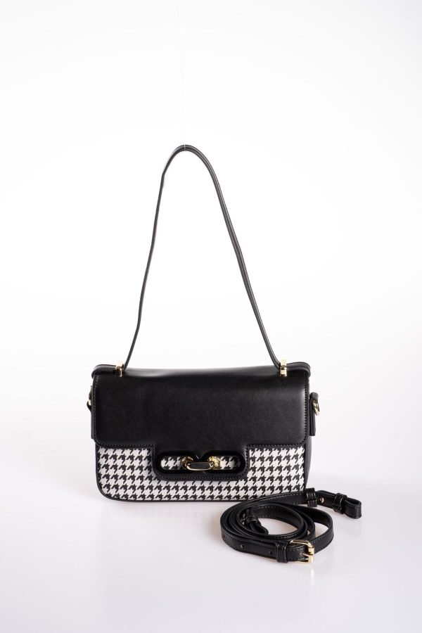 Siyah Vegan Deri Kazayağı Desenli El ve Omuz Çantası