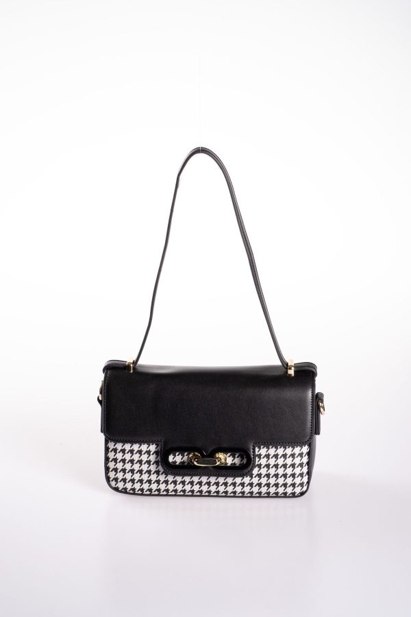 Siyah Vegan Deri Kazayağı Desenli El ve Omuz Çantası