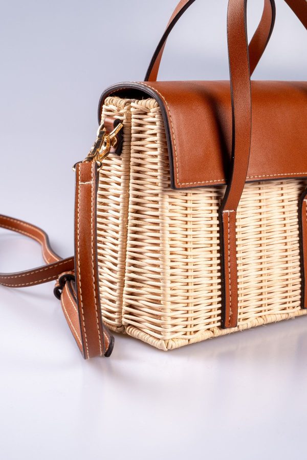 Vegan Deri Kapaklı Hasır Taba El ve Omuz Çantası