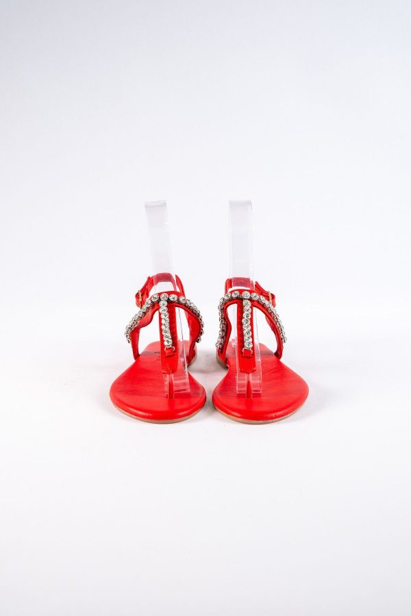 Lavion Yeni Sezon Hakiki Deri Kırmızı Yuvarlık Taşlı Günlük Kadın Sandalet