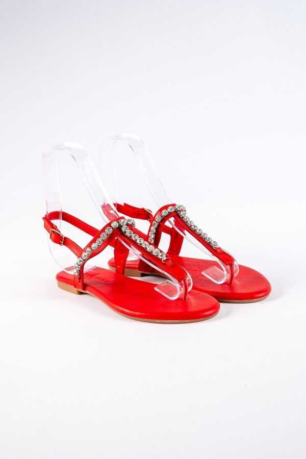 Lavion Yeni Sezon Hakiki Deri Kırmızı Yuvarlık Taşlı Günlük Kadın Sandalet