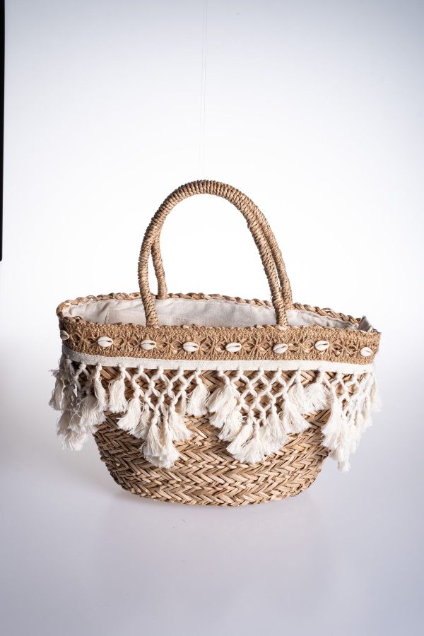 Makrome Aksesuarlı Astarlı Hasır Çanta