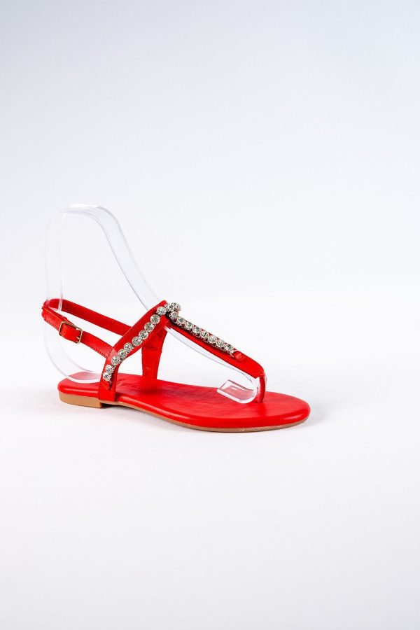 Lavion Yeni Sezon Hakiki Deri Kırmızı Yuvarlık Taşlı Günlük Kadın Sandalet