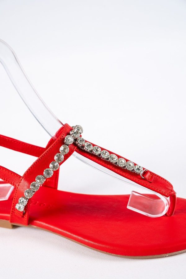 Lavion Yeni Sezon Hakiki Deri Kırmızı Yuvarlık Taşlı Günlük Kadın Sandalet