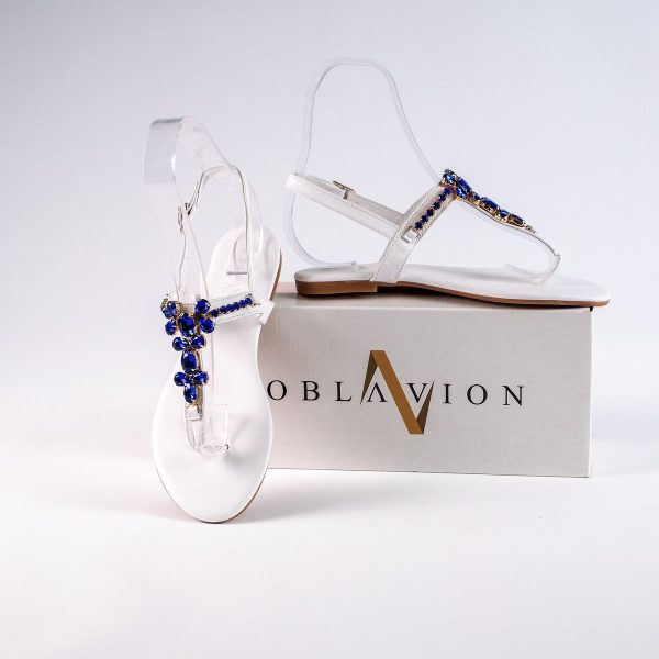 Lavion Yeni Sezon Hakiki Deri Beyaz Mavi Günlük Taşlı Kadın Sandalet