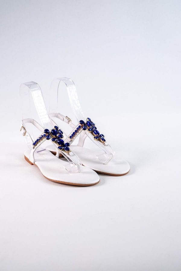 Lavion Yeni Sezon Hakiki Deri Beyaz Mavi Günlük Taşlı Kadın Sandalet