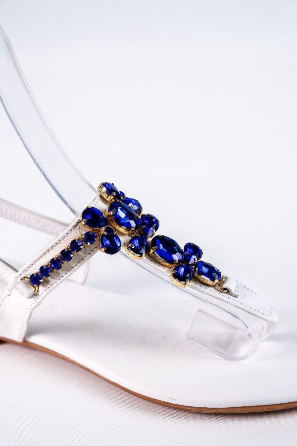 Lavion Yeni Sezon Hakiki Deri Beyaz Mavi Günlük Taşlı Kadın Sandalet