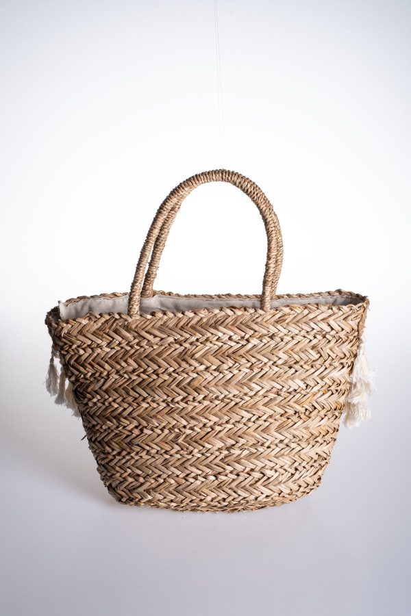 Makrome Aksesuarlı Astarlı Hasır Çanta