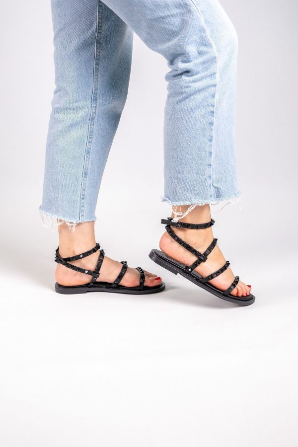 Valent Siyah Troklu Hakiki Deri Siyah Sandalet