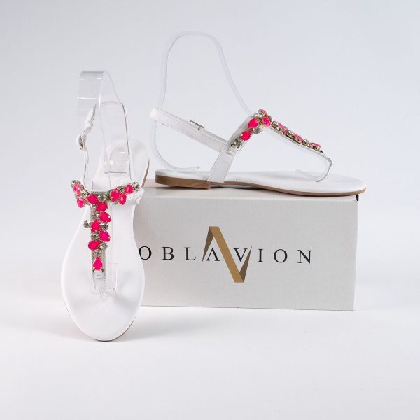 Lavion Yeni Sezon Hakiki Deri Beyaz Pembe Günlük Taşlı Kadın Sandalet