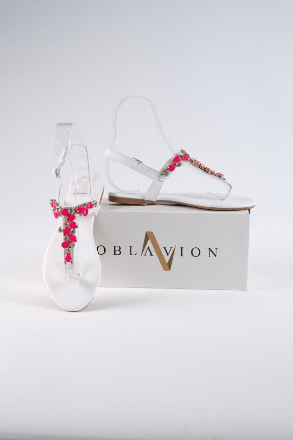 Lavion Yeni Sezon Hakiki Deri Beyaz Pembe Günlük Taşlı Kadın Sandalet