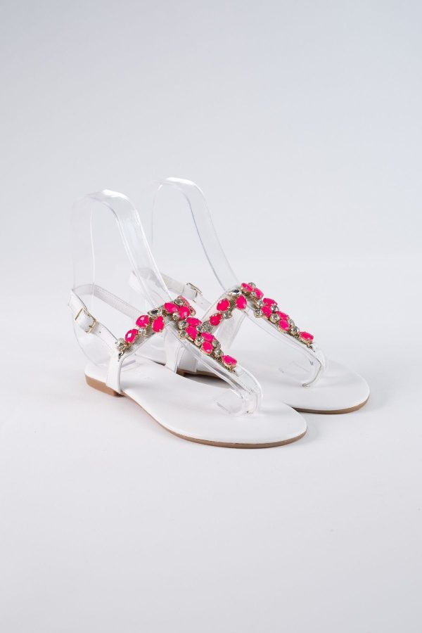 Lavion Yeni Sezon Hakiki Deri Beyaz Pembe Günlük Taşlı Kadın Sandalet