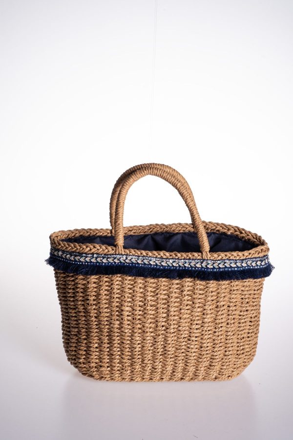 Büzgü Astarlı Lacivert Aksesuarlı Hasır Çanta