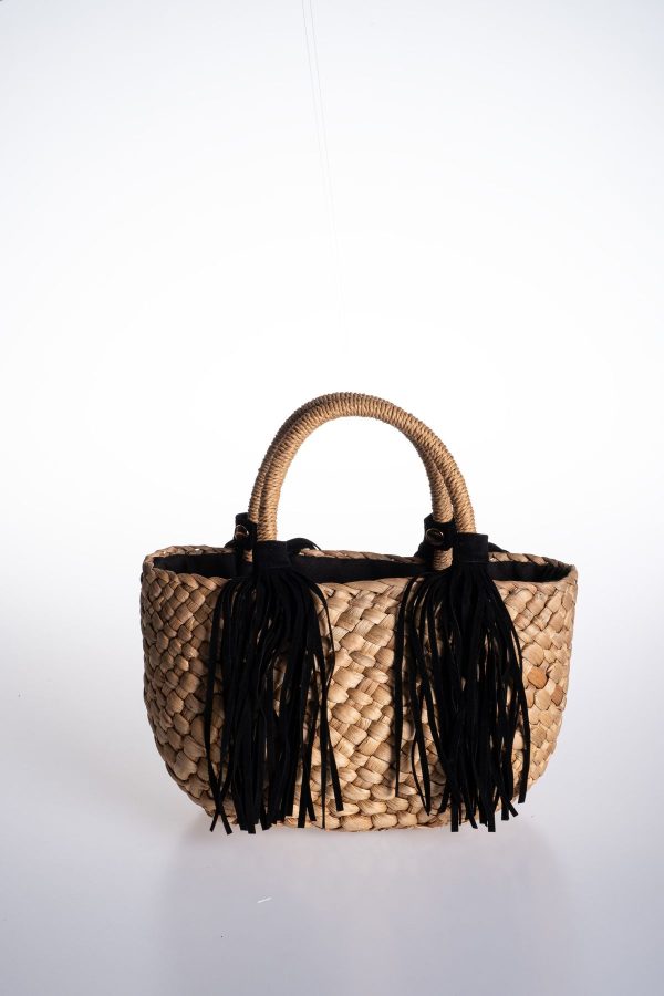 Çıkarılabilir Siyah Püskül Aksesuarlı Astarlı Hasır Mini Çanta