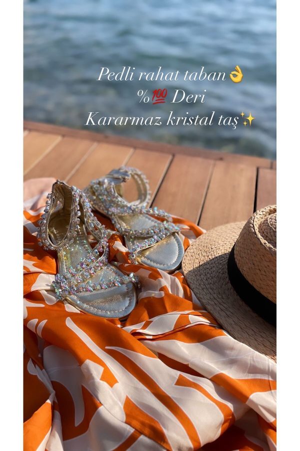 Valen Taşlı Fermuarlı Hakiki Deri Sandalet