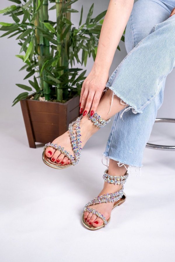 Valen Taşlı Fermuarlı Hakiki Deri Sandalet