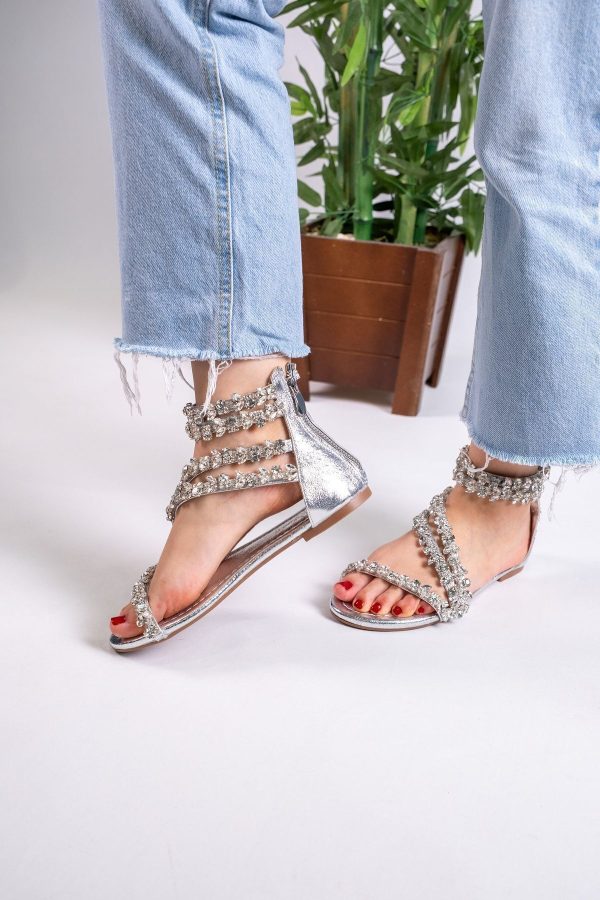 Valen Taşlı Fermuarlı Hakiki Deri Sandalet