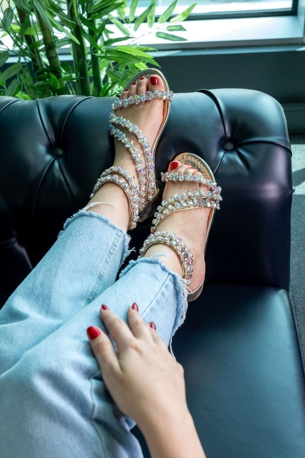 Valen Taşlı Fermuarlı Hakiki Deri Sandalet