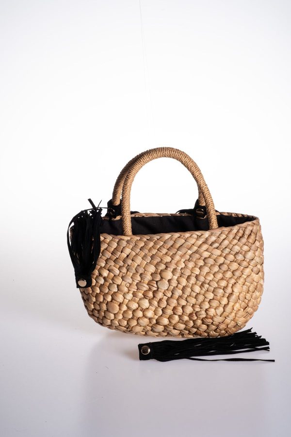 Çıkarılabilir Siyah Püskül Aksesuarlı Astarlı Hasır Mini Çanta