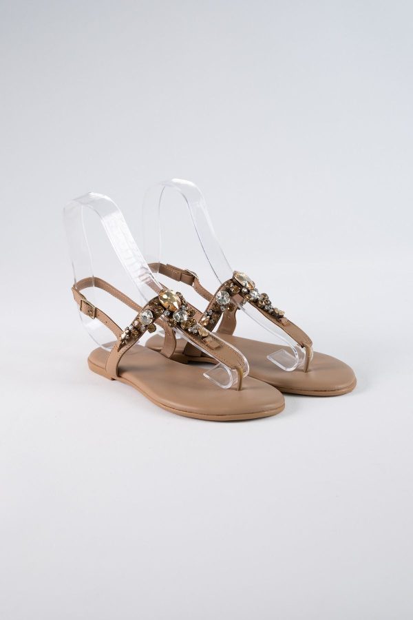 Lavion Hakiki Deri Nude Sarı Taşlı Sandalet