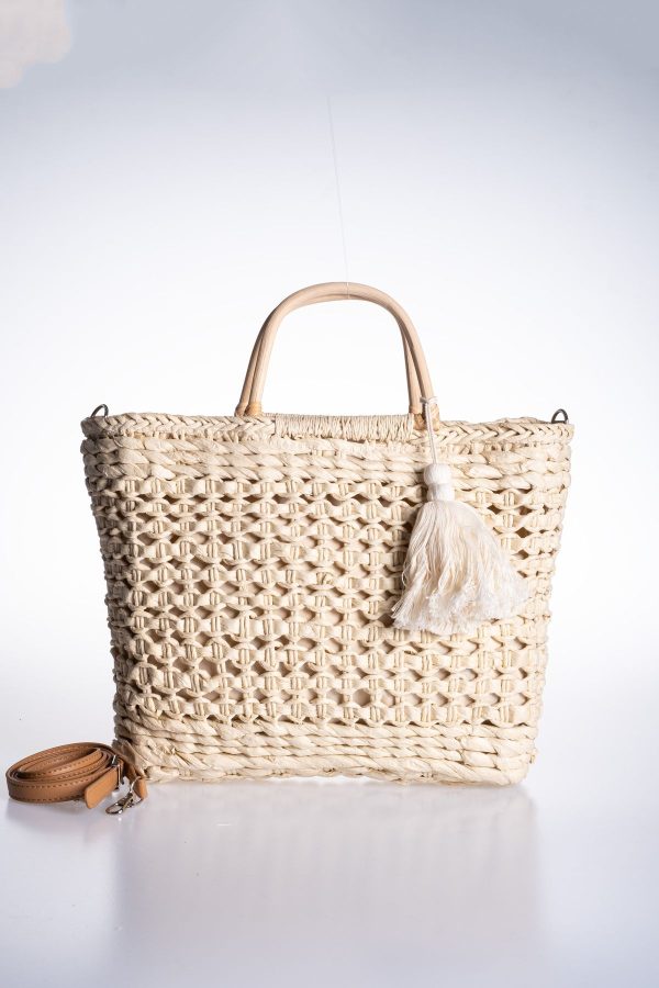 Makrome Örgülü Püskül Aksesuarlı Astarlı Ayarlanabilir Askılı Hasır Plaj Çantası
